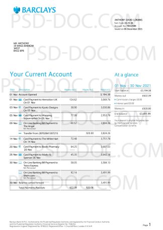 Bank statement UK - Barclays